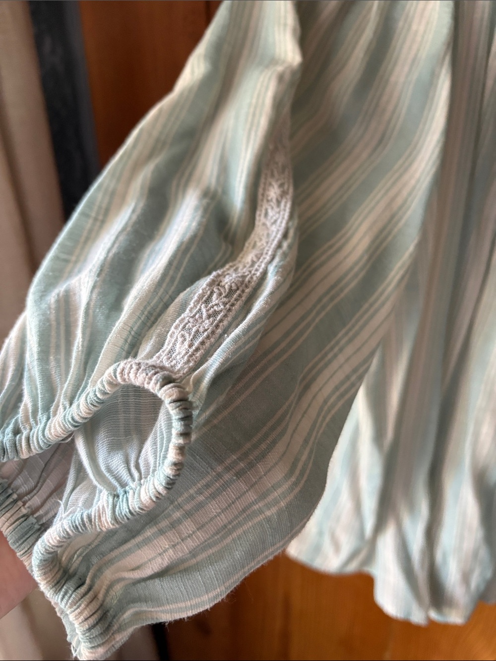 LC Lauren Conrad Mint-Striped Crochet Trim Peasant Blouse - Picture 3 of 5